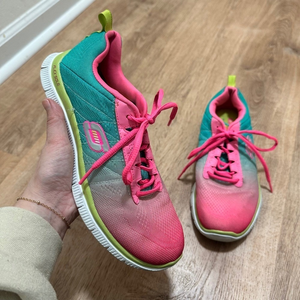 SKECHERS | Women's Rainbow Flex Sole Pink‎ Teal Ombre Athletic Sneakers, 7.5